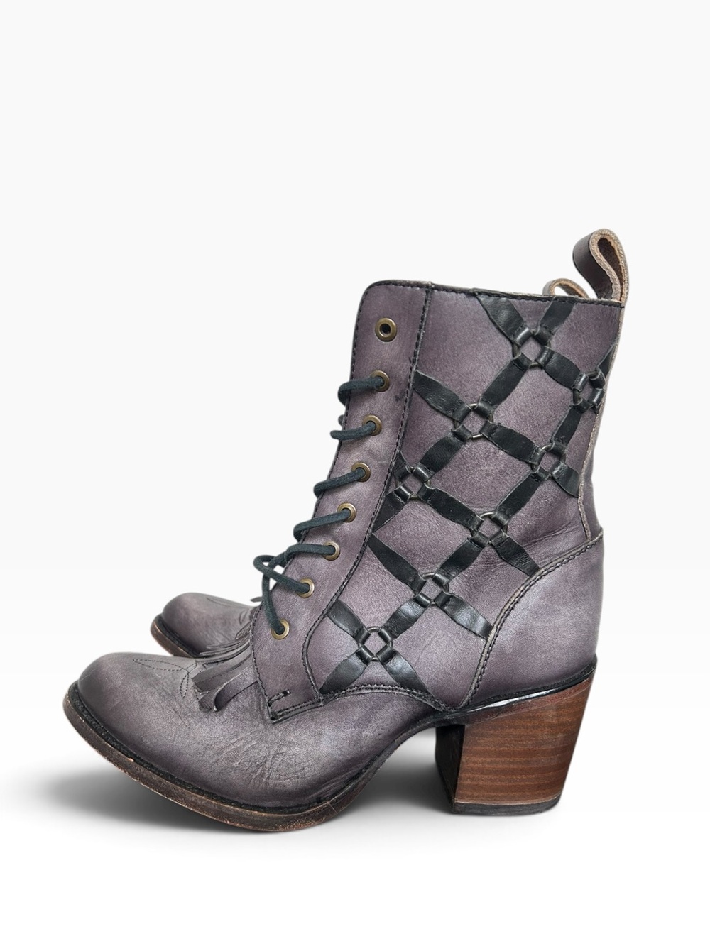 Corral Grey Distressed Fringe Kiltie Lace up Heeled Boot Size 7 - Picture 3 of 8